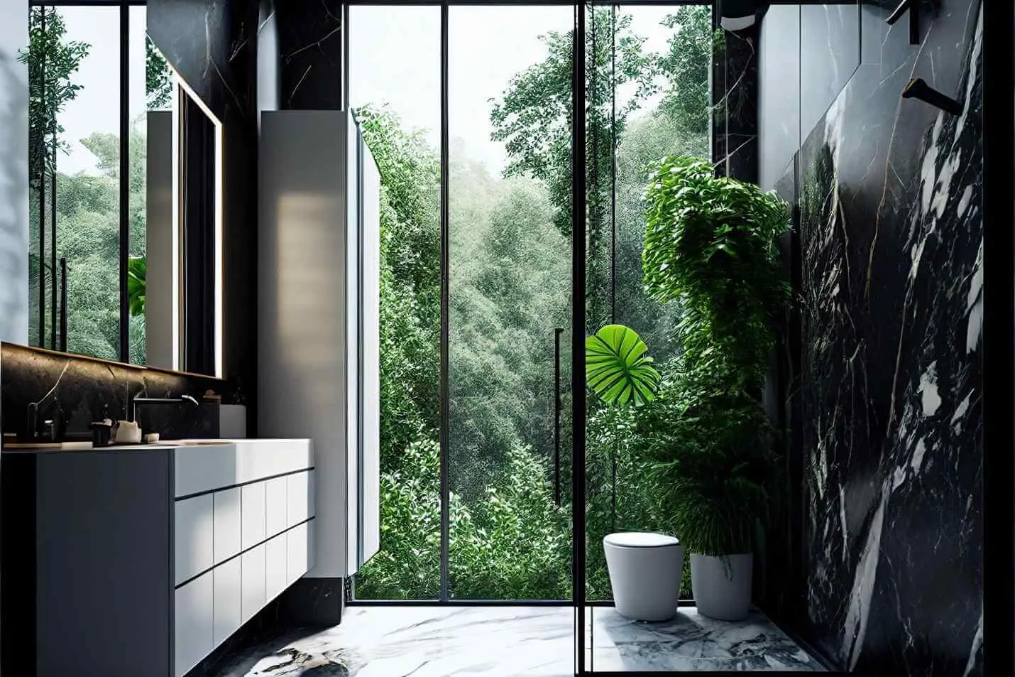 Bagno con parete in marmo nero, WC sospeso e grandi vetrate sul verde