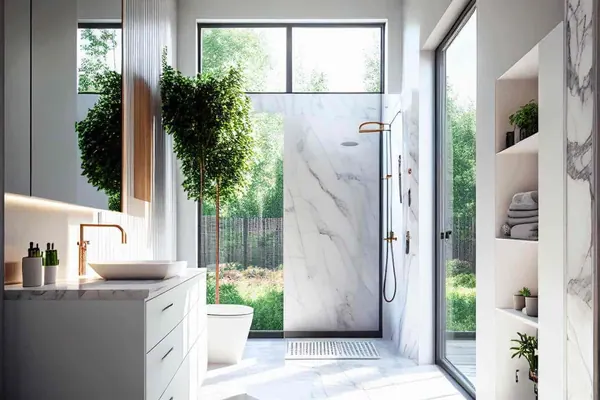 Bagno luminoso con WC sospeso e doccia in vetro