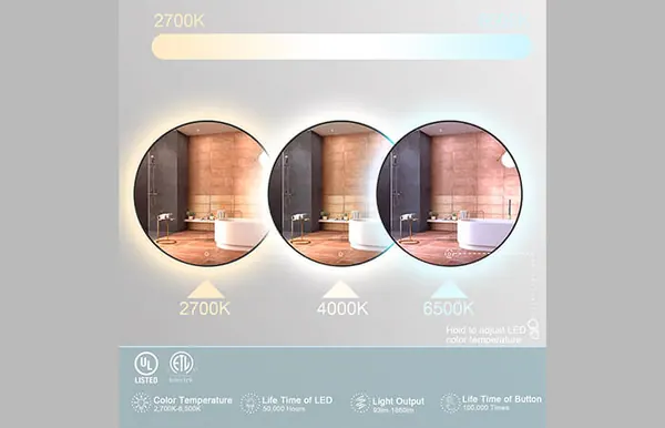 Tre specchi rotondi con luce a 2700 K, 4000 K e 6500 K