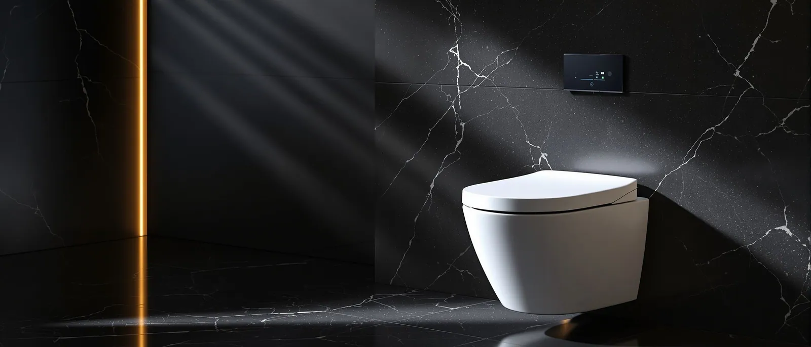 WC intelligente Keliss sospeso su una parete di marmo nero