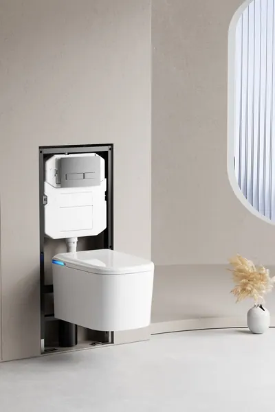 WC intelligente sospeso con il telaio a incasso visibile nella parete