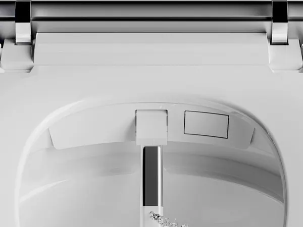 Ugello estratto sotto il sedile di un WC intelligente bianco