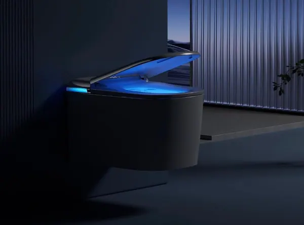 WC intelligente scuro con luce d'ambiente in un bagno moderno